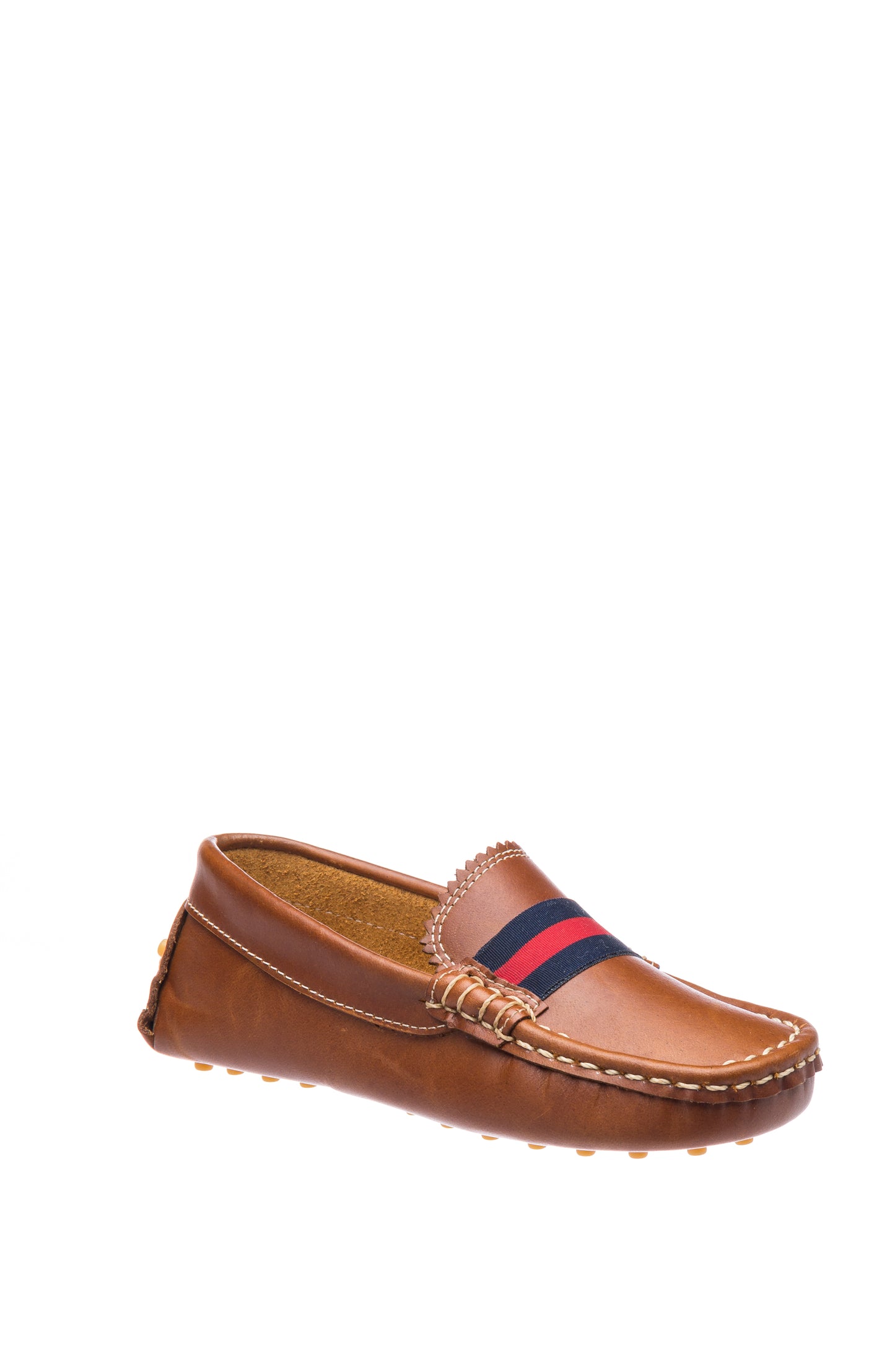Natural brown leather baby loafer with stitched moccasin toe and navy-red strap detail.