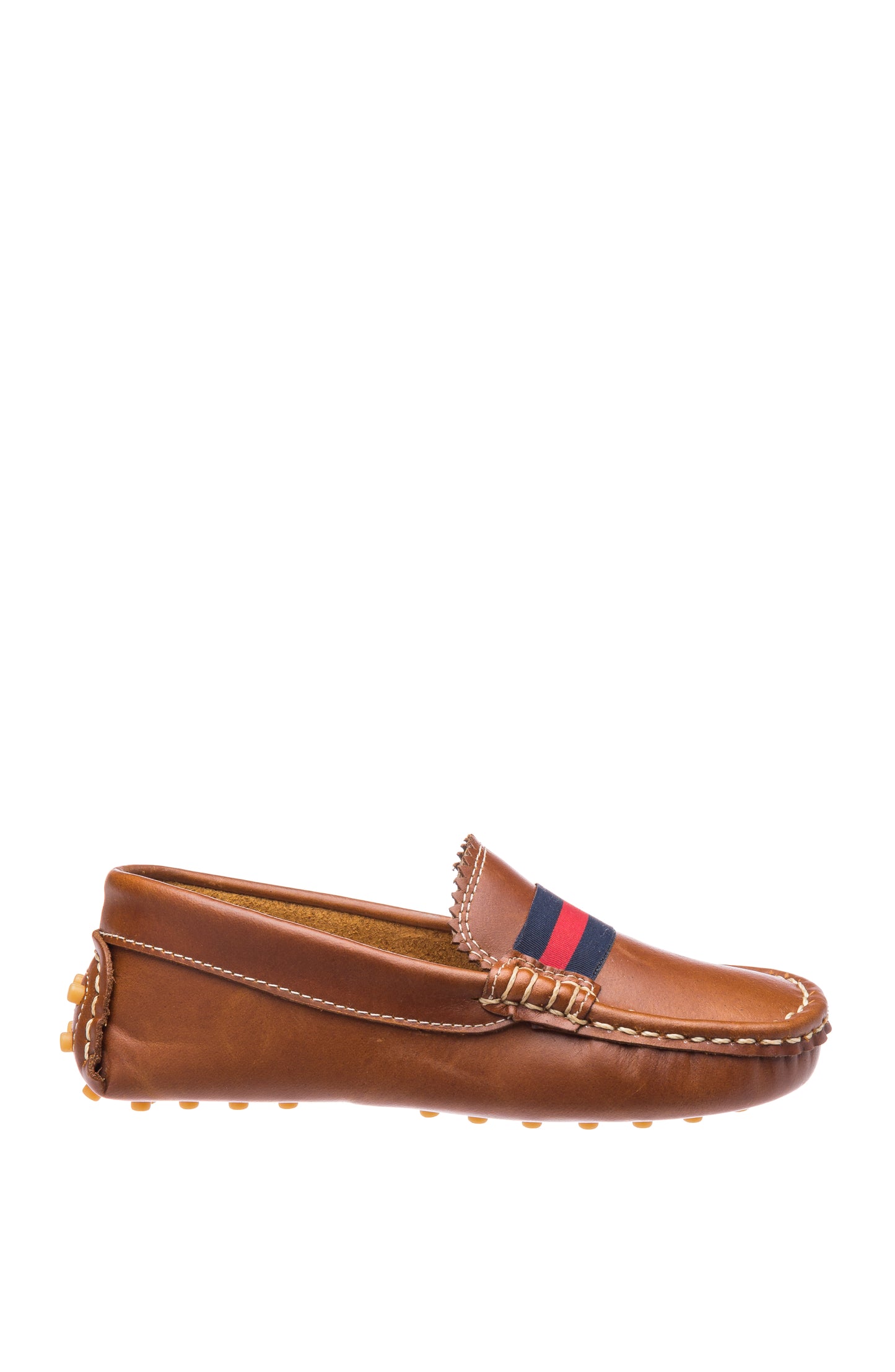 Natural brown leather toddler loafer with red and blue striped fabric detail and rubber pebble sole.