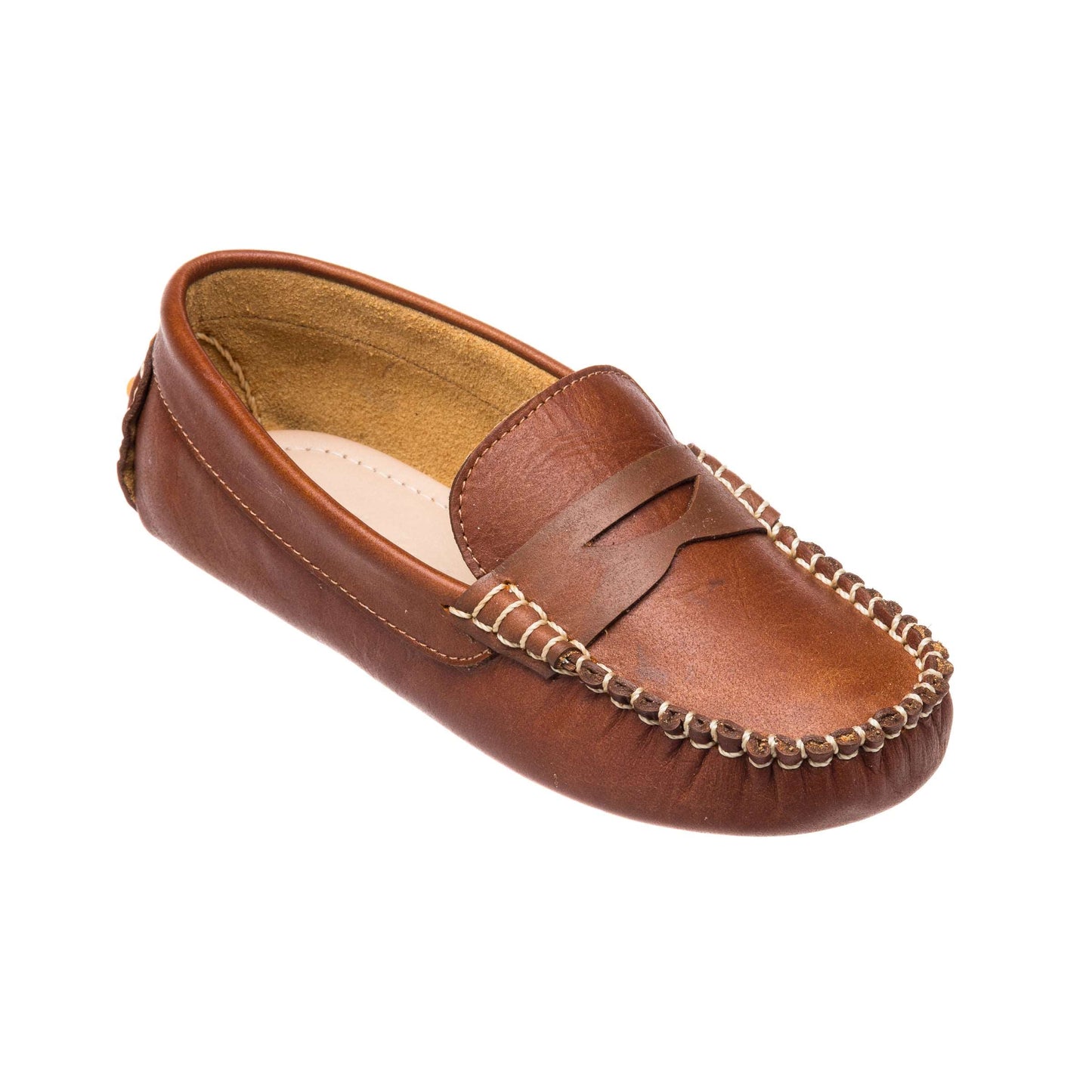 Natural brown leather boys loafer with stitched moccasin toe and penny strap detail.