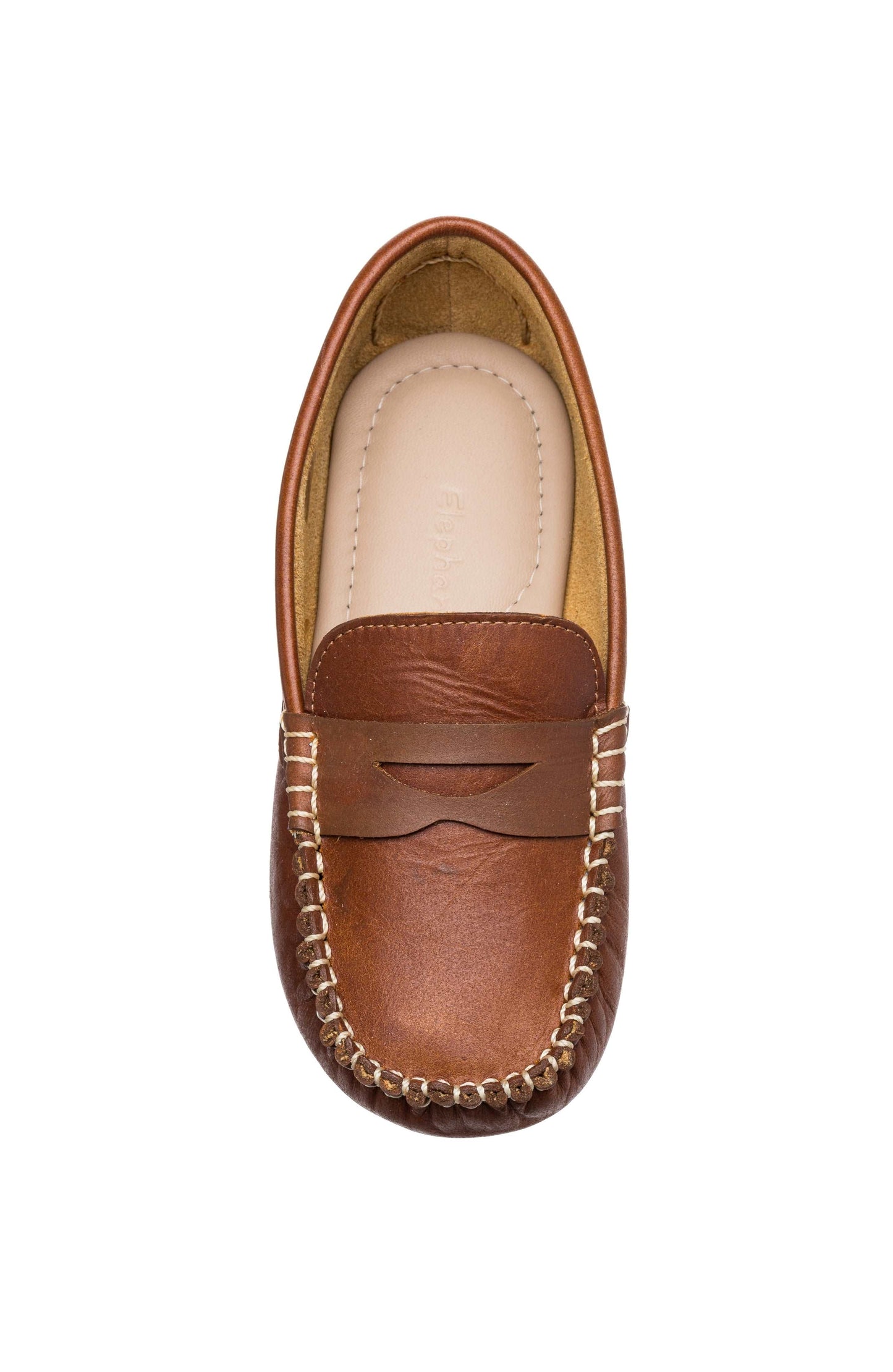Natural brown leather boys' loafer with stitched moccasin toe and penny strap detail.