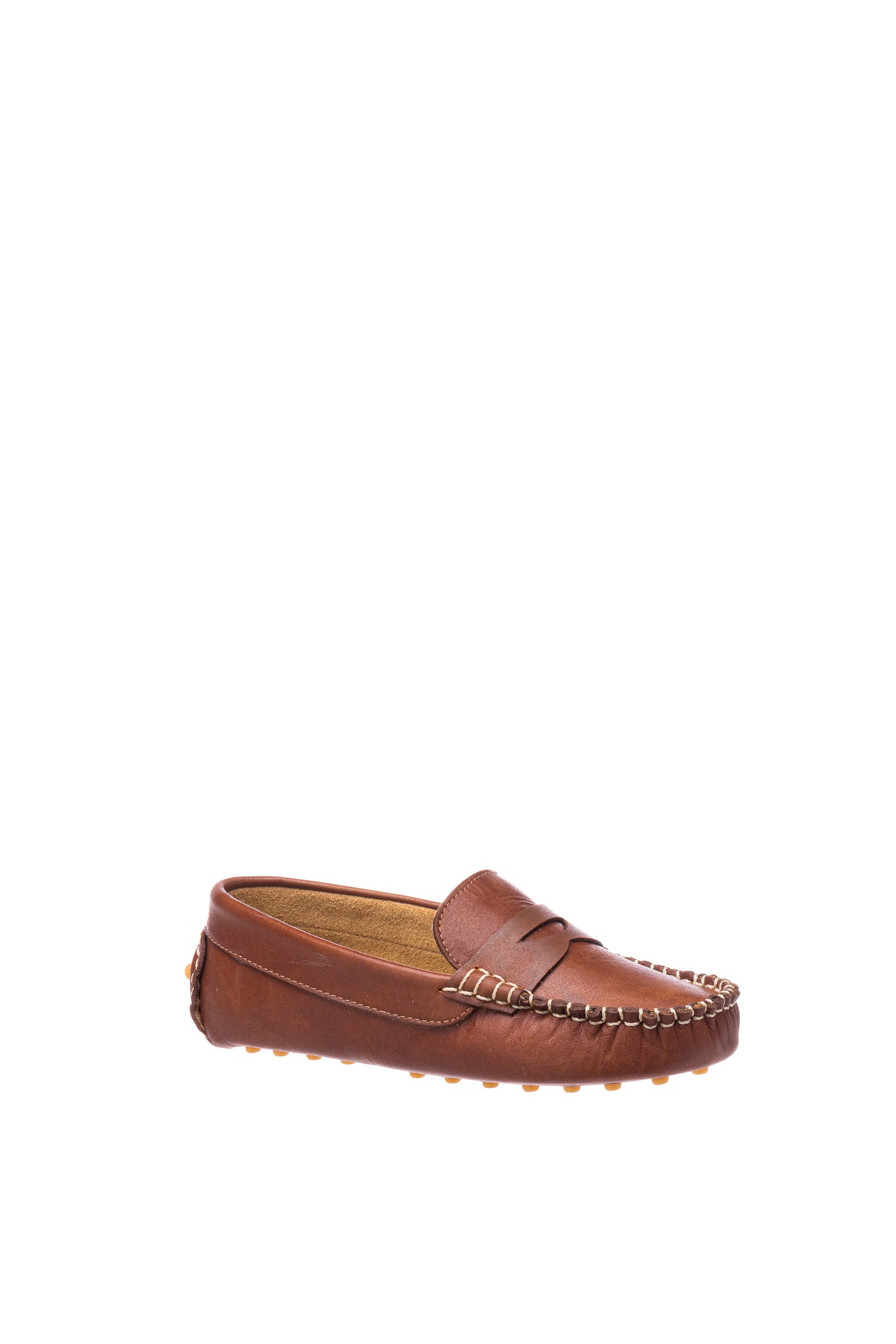Natural brown leather boys loafer with moccasin-style stitching and rubber sole.