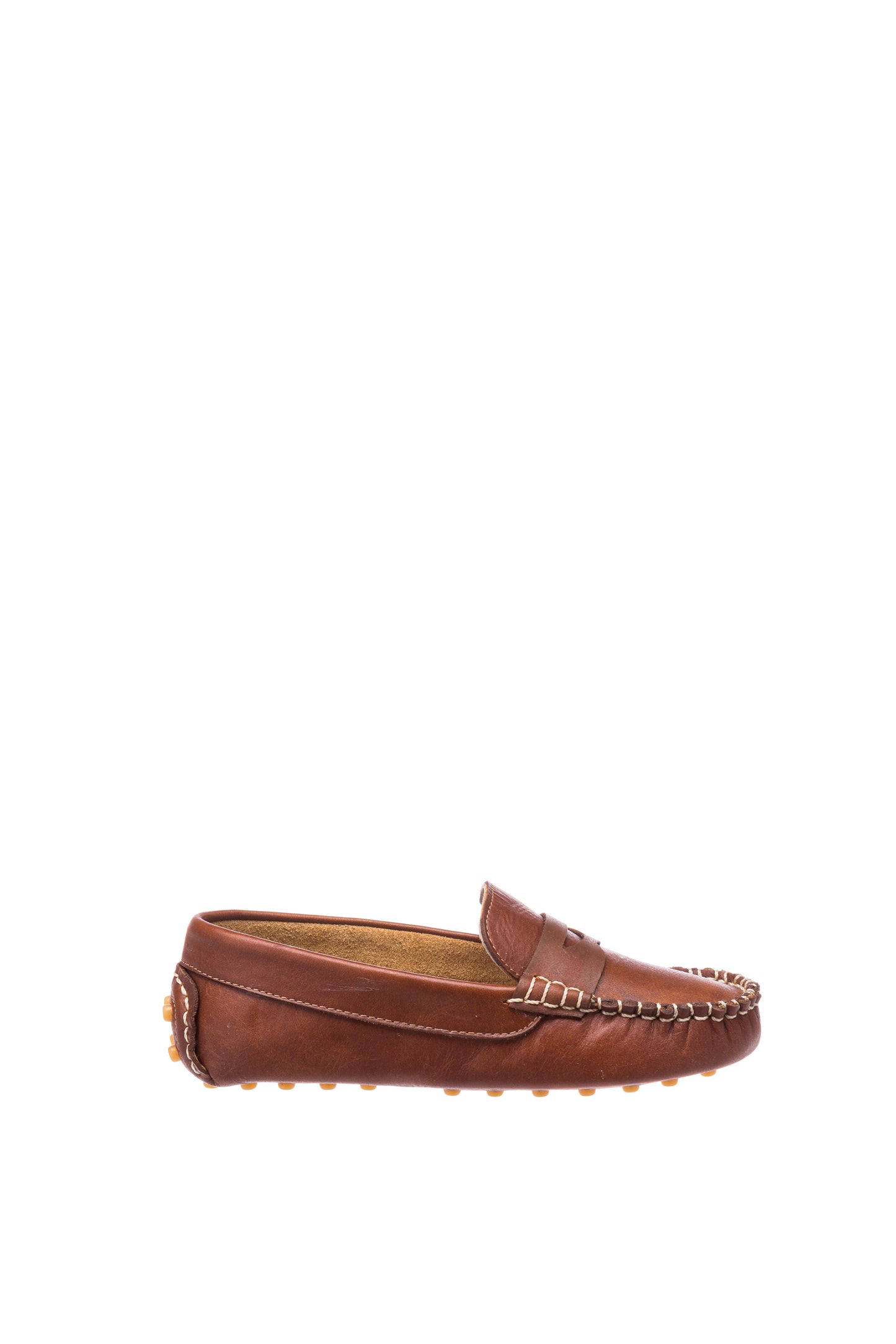 Natural brown leather boys' loafer with moccasin stitching and rubber sole grips.