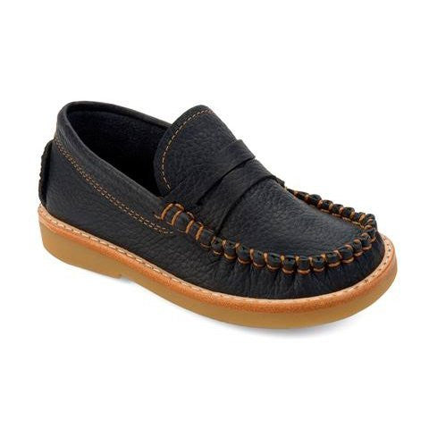 Navy toddler loafer with contrast brown stitching and tan rubber sole.