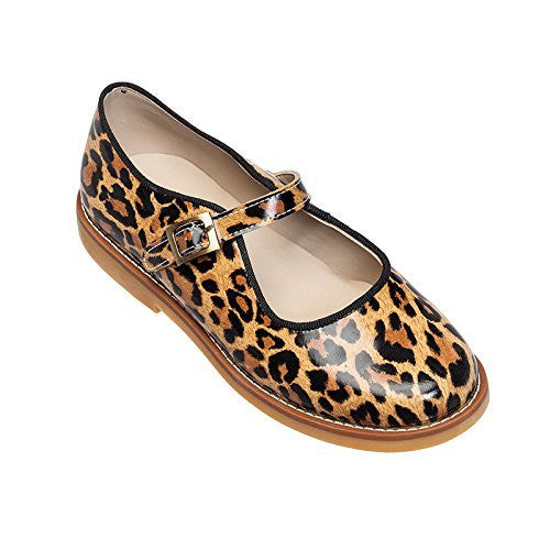Glossy leopard print Mary Jane shoe with adjustable buckle strap and brown sole.