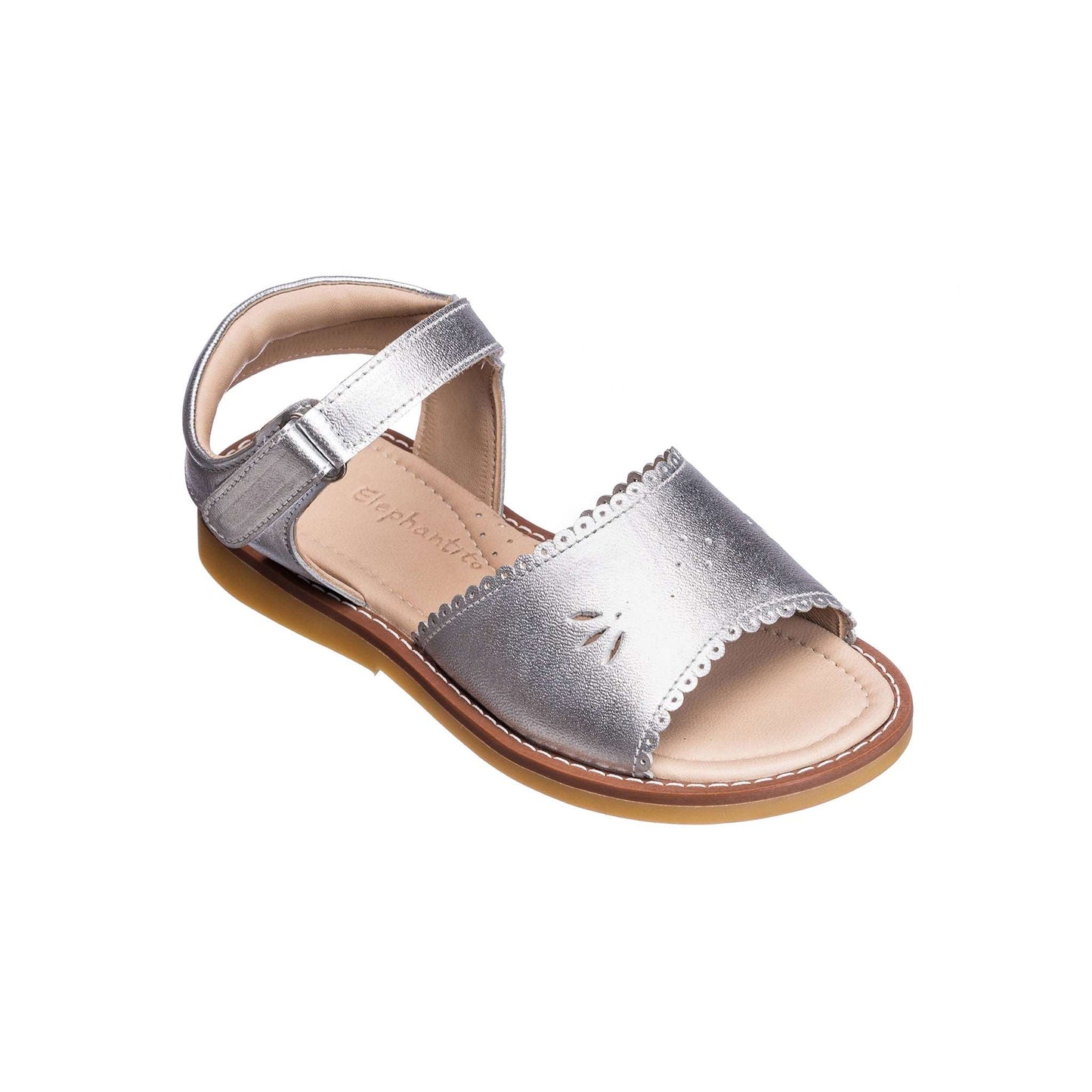 Toddler silver leather sandal with scalloped edge and adjustable ankle strap.