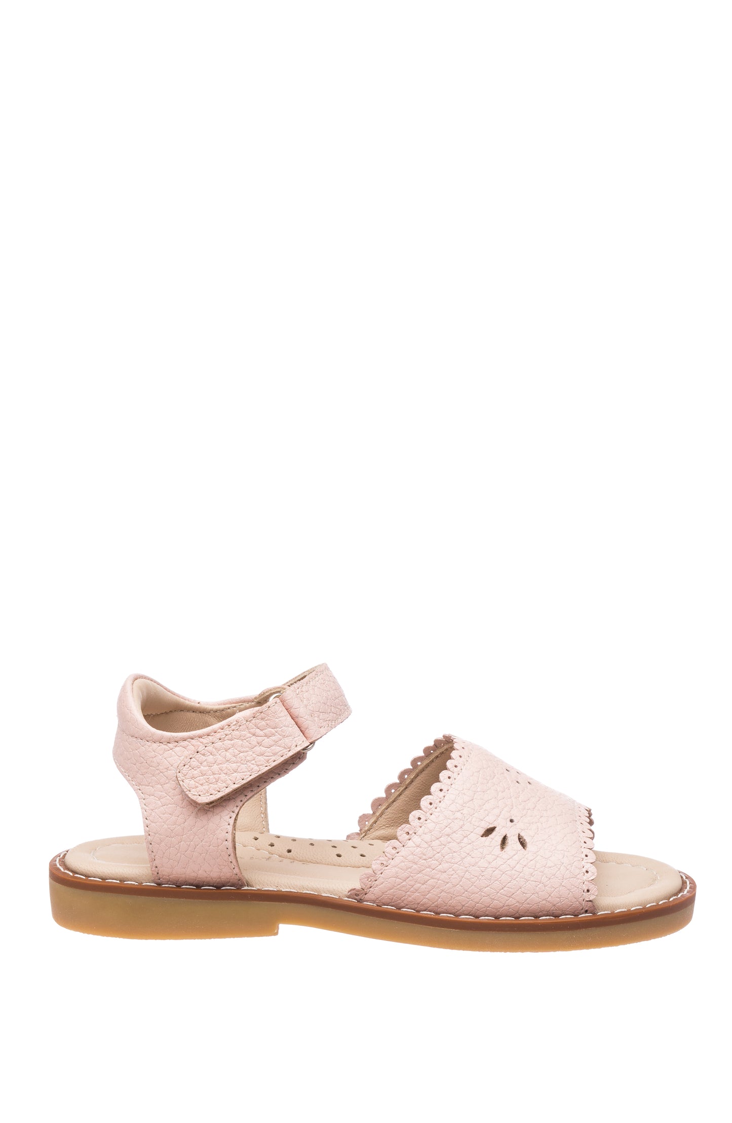 Pink leather children’s sandal with scalloped edges and velcro ankle strap on tan sole.