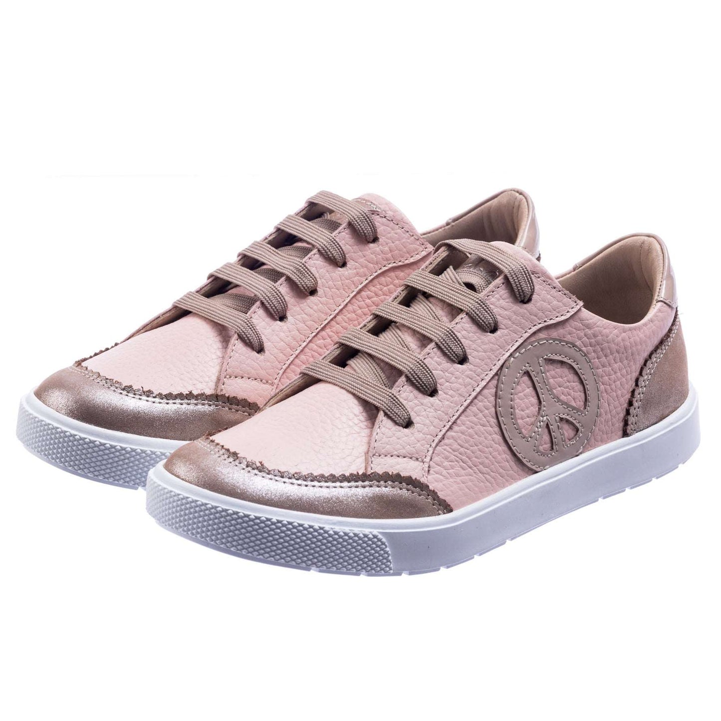 Pink textured girls' sneakers with metallic rose gold accents and peace sign detail, white soles.