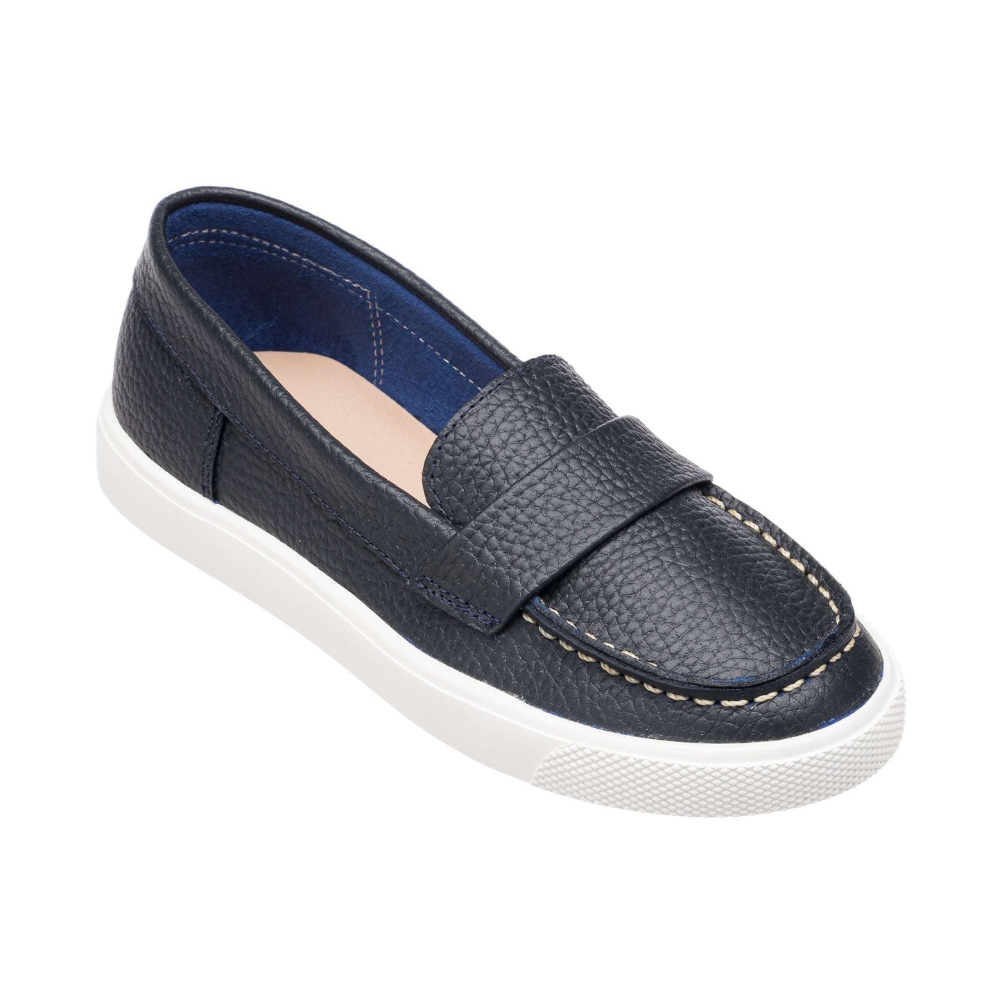 Navy blue boys loafer with textured leather upper, white rubber sole, and moccasin stitching detail.