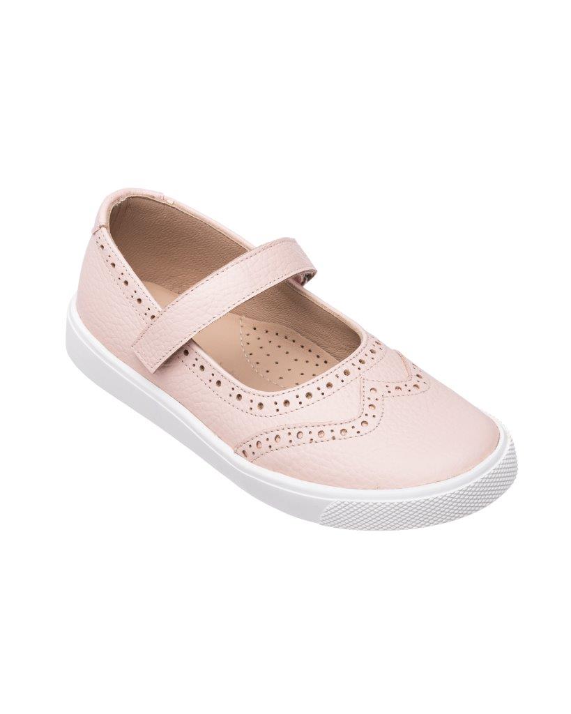 Pink Mary Jane sneaker for girls with perforated detailing and white rubber sole.