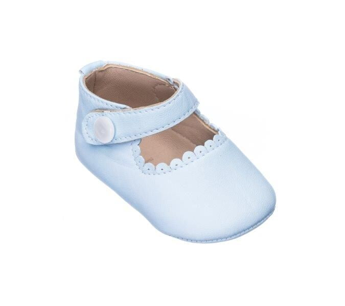 Light blue baby Mary Jane shoe with scalloped edge and button strap closure.