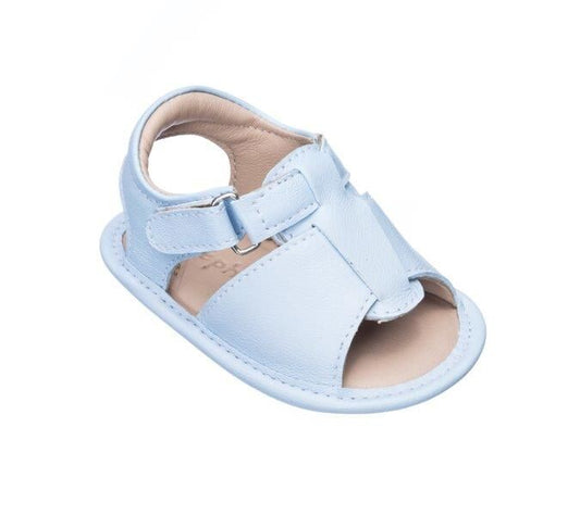 Light blue infant sandal with adjustable strap and open toe design.