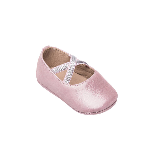 Soft pink baby shoe with crossed elastic straps and a smooth satin finish.