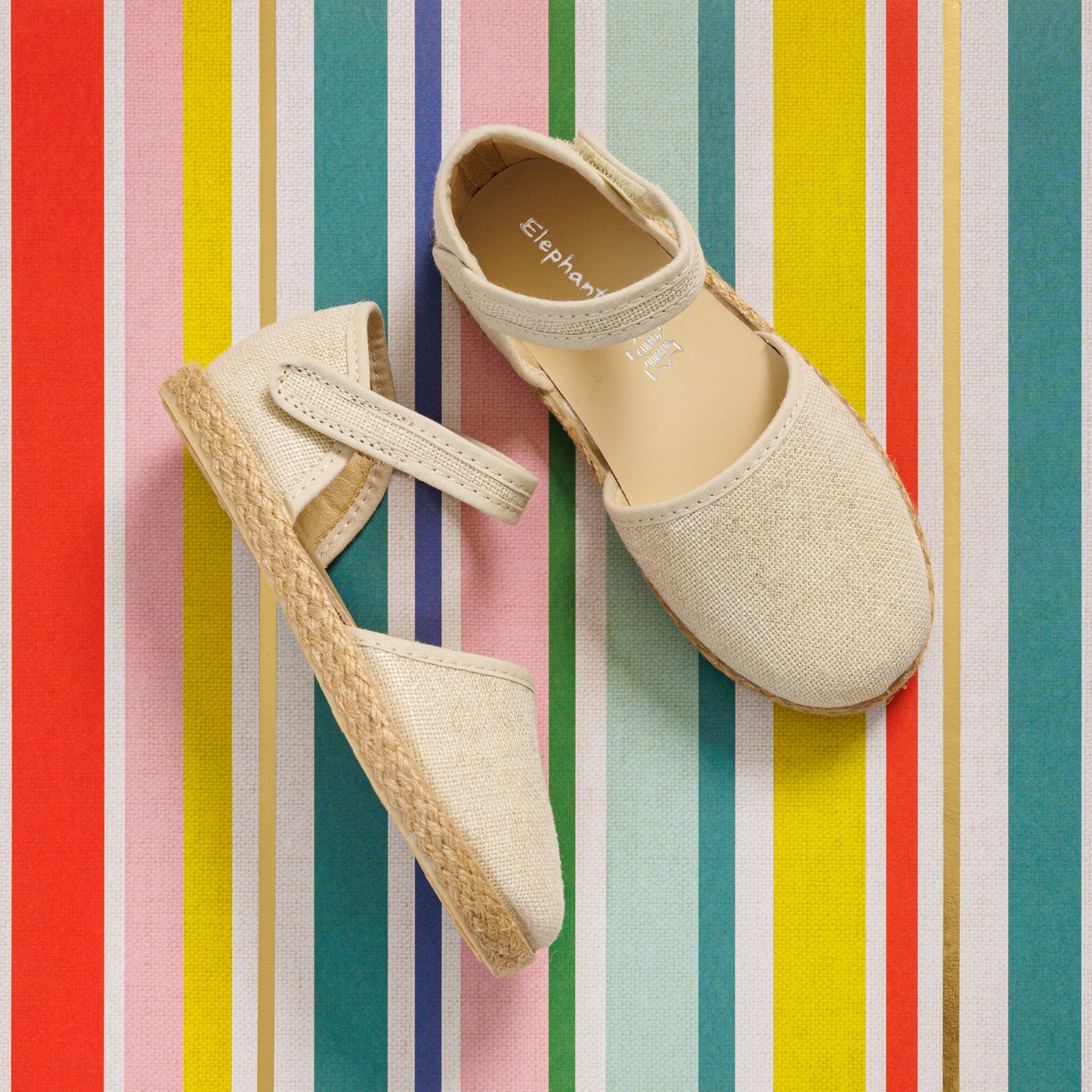 Elephantito - White linen espadrille sandal for girls with metallic trim and braided jute sole.