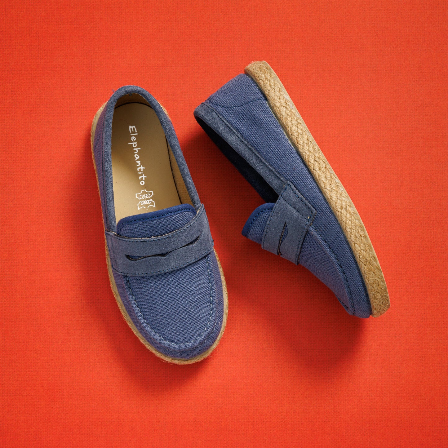 Elephantito - Boys indigo loafer espadrilles with woven jute sole and slip-on design.