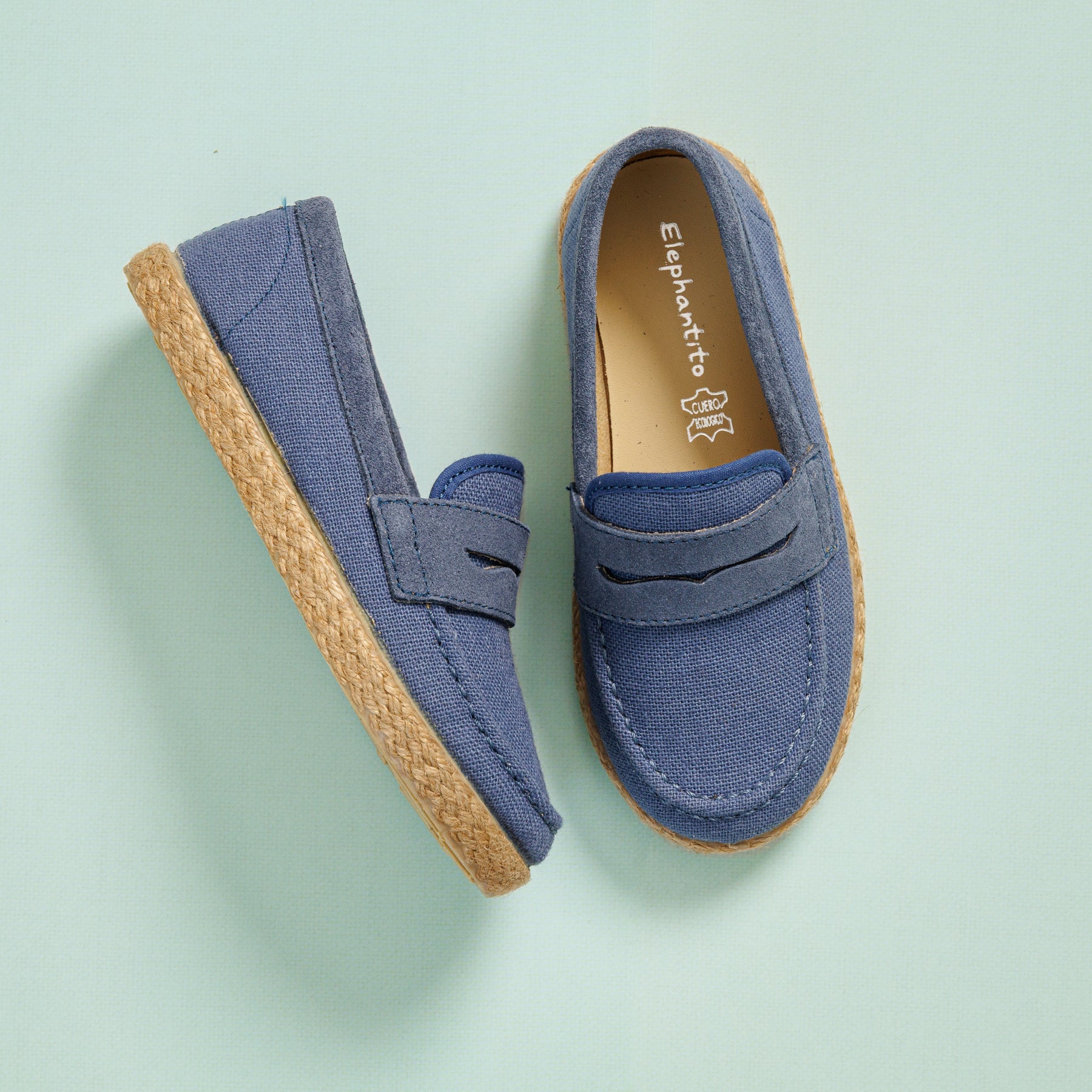 Elephantito - Indigo blue boys' loafer espadrilles with woven jute sole and slip-on design.