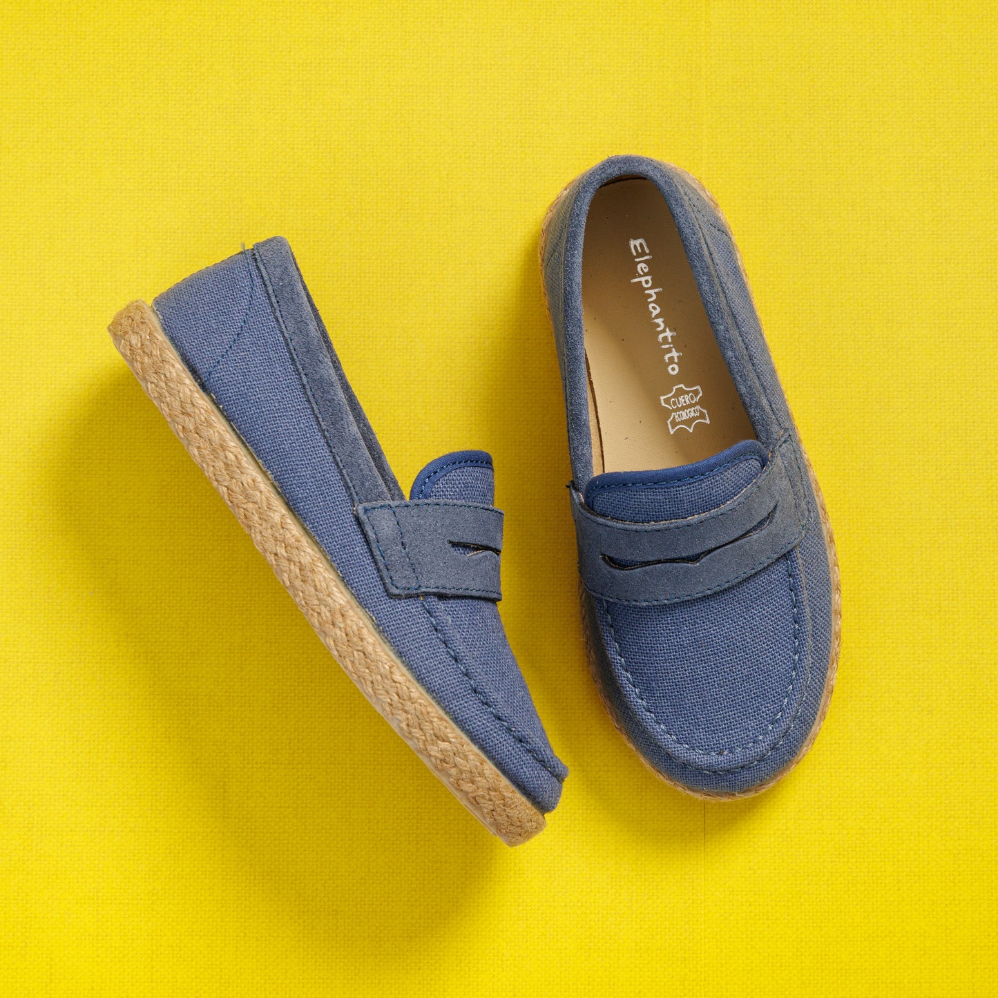 Elephantito - Indigo blue boys' loafer espadrilles with woven jute soles and slip-on design.