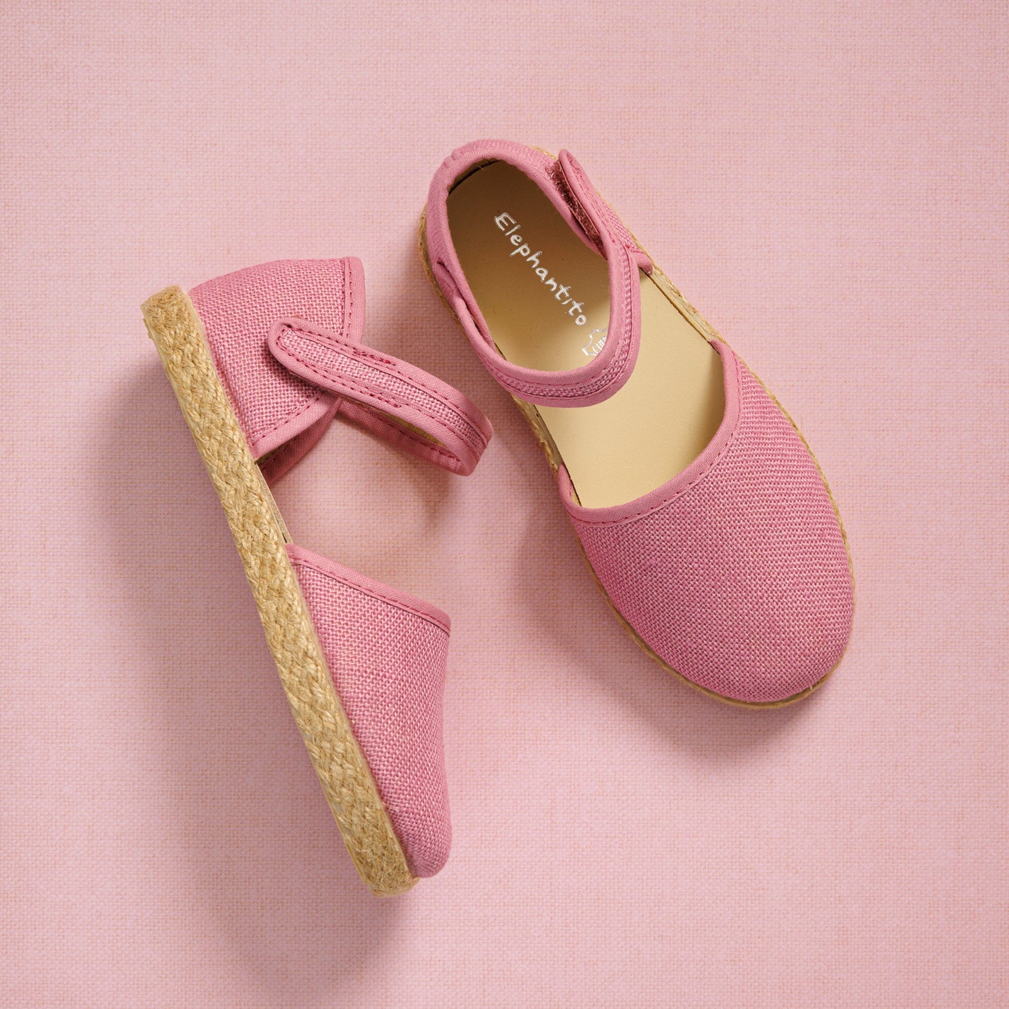 Elephantito - Mauve linen espadrille sandals for children with jute sole and adjustable strap.