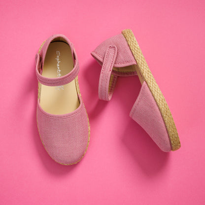 Elephantito - Mauve linen espadrille sandals for girls with ankle strap and jute sole on pink background.