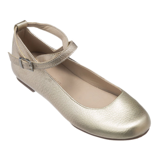 Gold metallic toddler ballet flat with ankle strap and silver buckle closure.