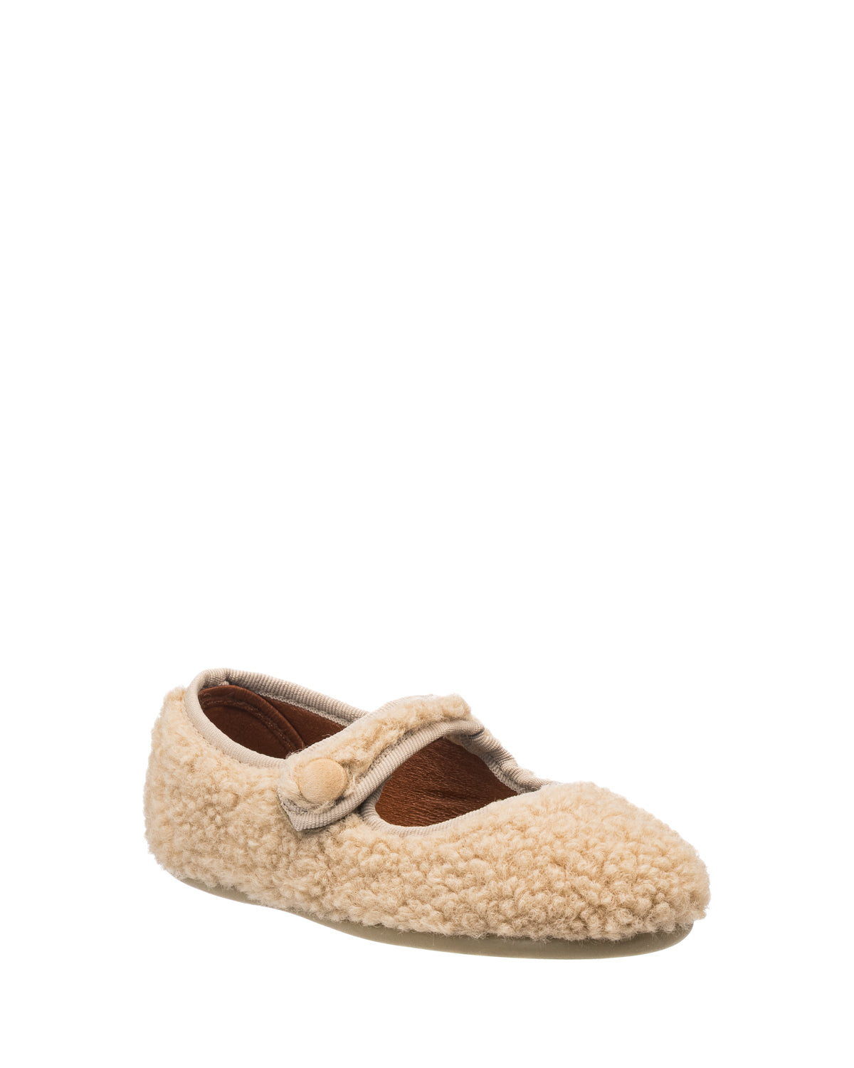 Beige shearling Mary Jane toddler shoe with adjustable strap and rounded toe.