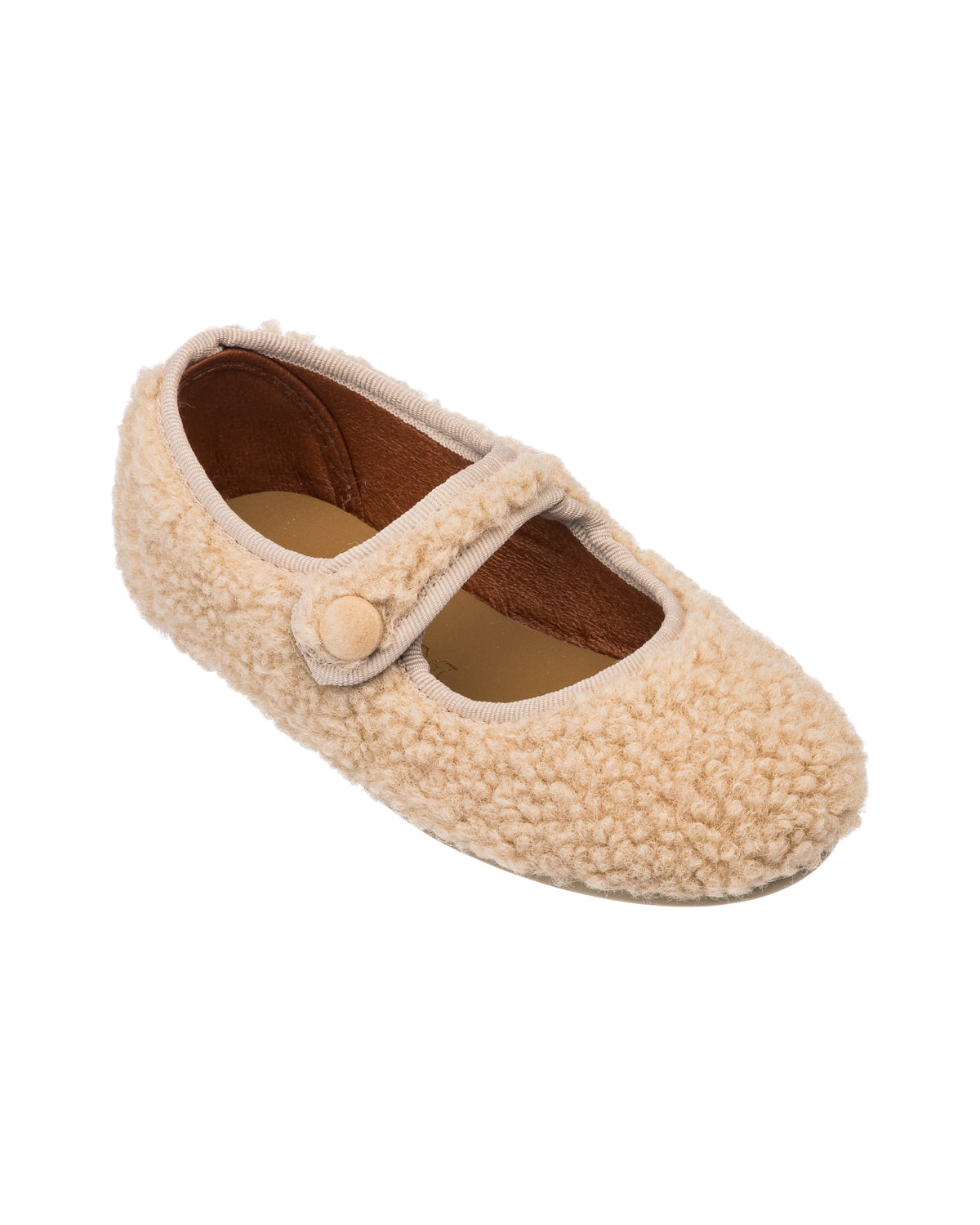 Beige toddler Mary Jane shoe with shearling texture and button strap closure.