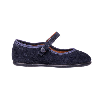 Navy blue suede Mary Jane with adjustable strap and round toe for toddlers and kids.