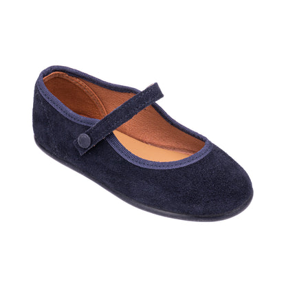 Navy blue suede toddler Mary Jane shoe with a single strap and button closure.
