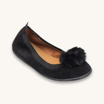 Ballerine en daim à pompons noirs