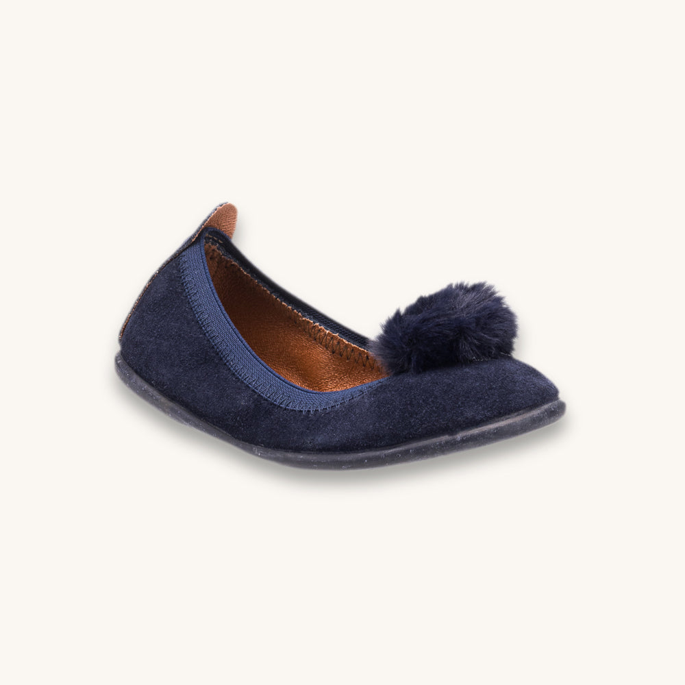 Ballerine en daim à pompons bleus
