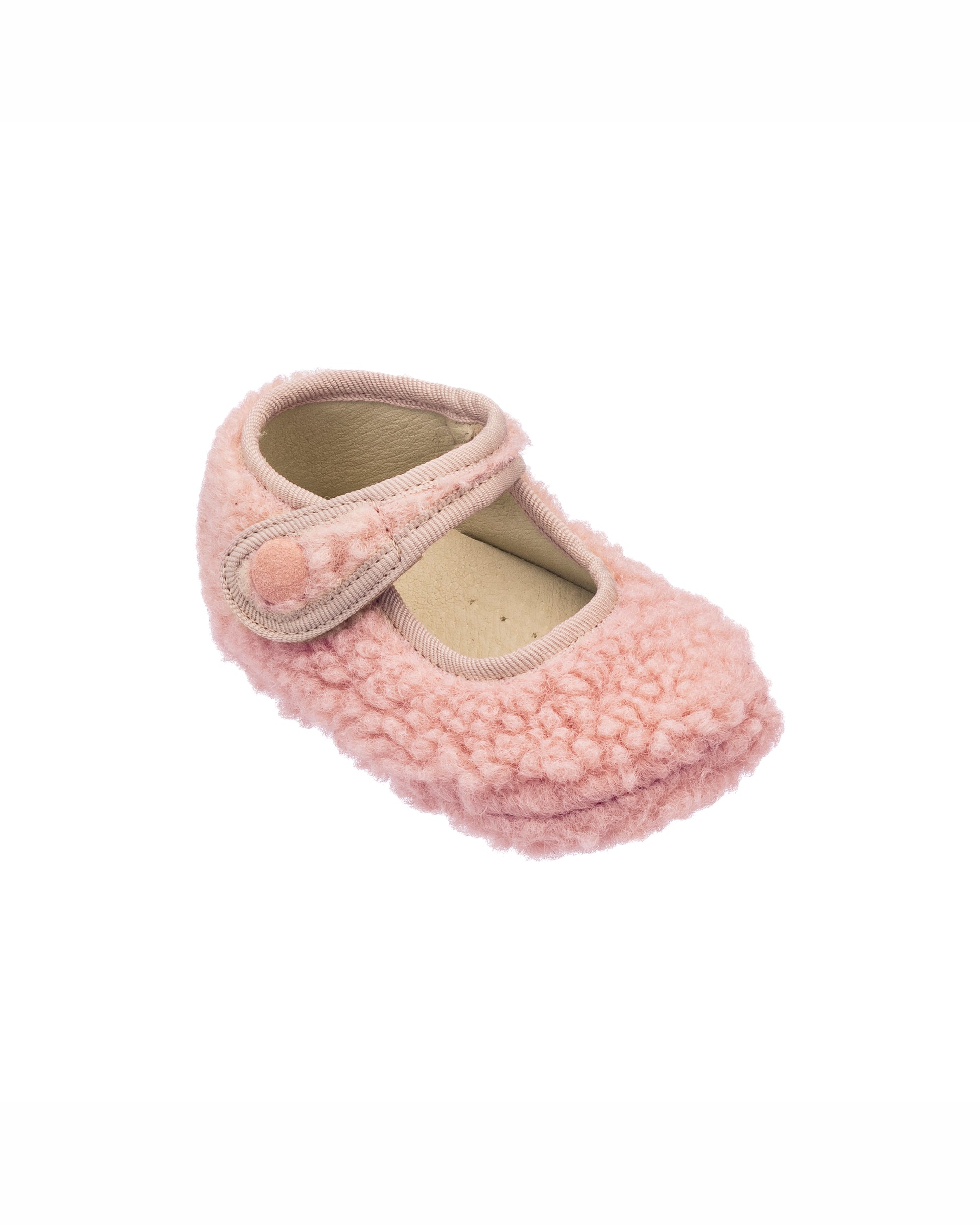 Pink shearling baby Mary Jane shoe with velcro strap and soft textured upper.