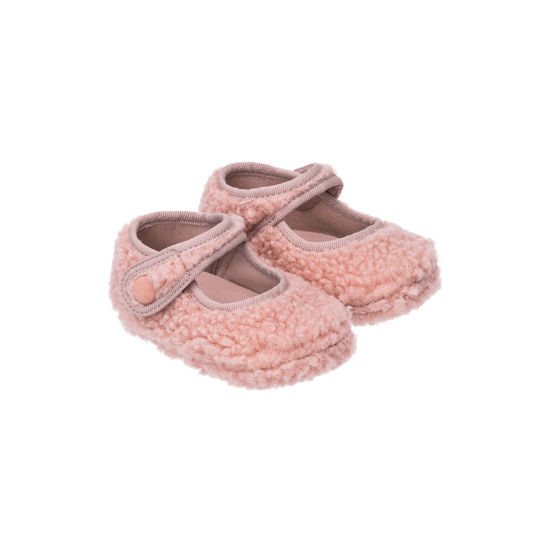 Pink shearling baby Mary Jane shoes with velcro strap and rounded toe.