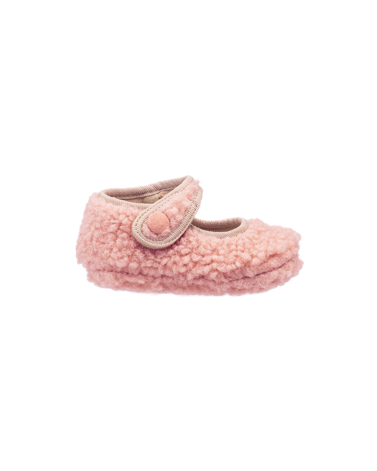 Pink shearling baby Mary Jane shoe with rounded toe and adjustable strap.
