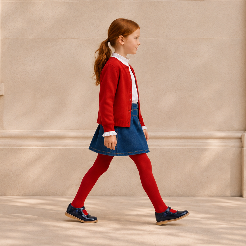 Elephantito - Navy blue patent leather Mary Jane shoes with rounded toes and buckle straps on a child walking outdoors.