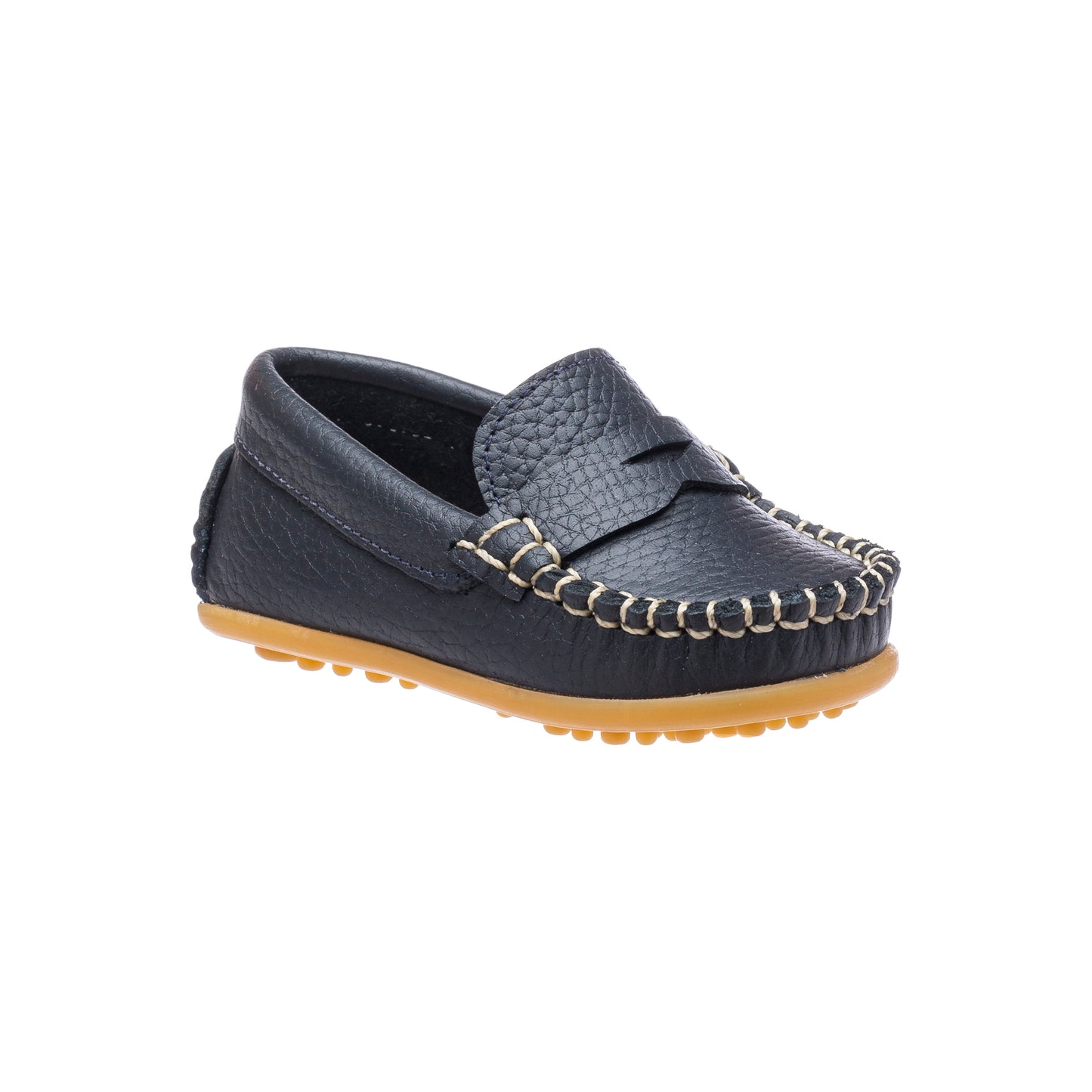 Navy blue toddler loafer with textured leather upper and tan rubber sole.