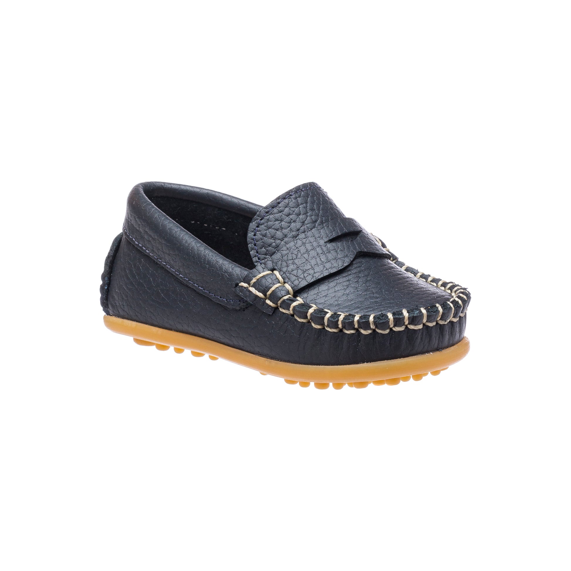 Navy blue toddler loafer with textured leather upper and tan rubber sole.