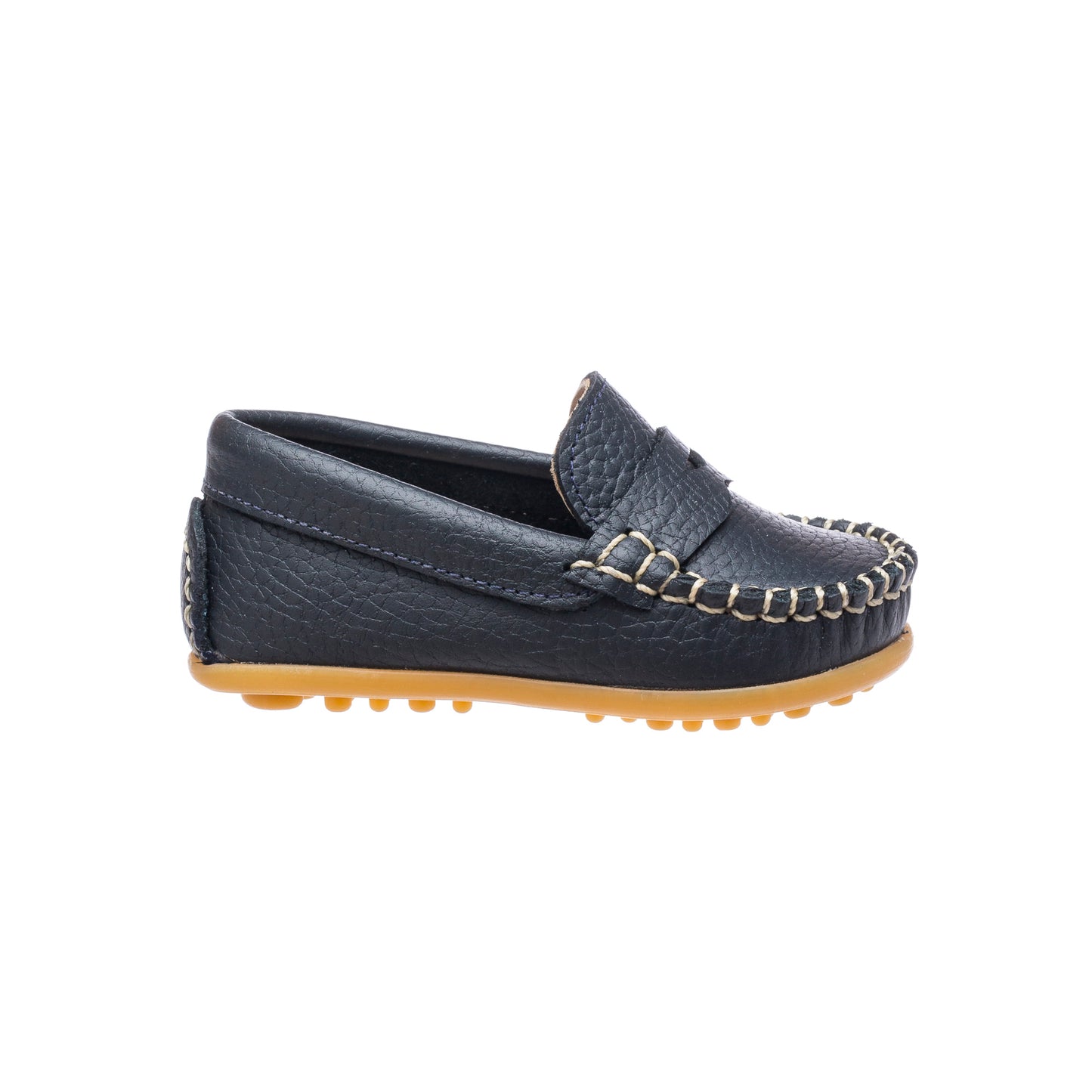 Navy blue toddler loafer with contrast stitching and gum rubber sole.