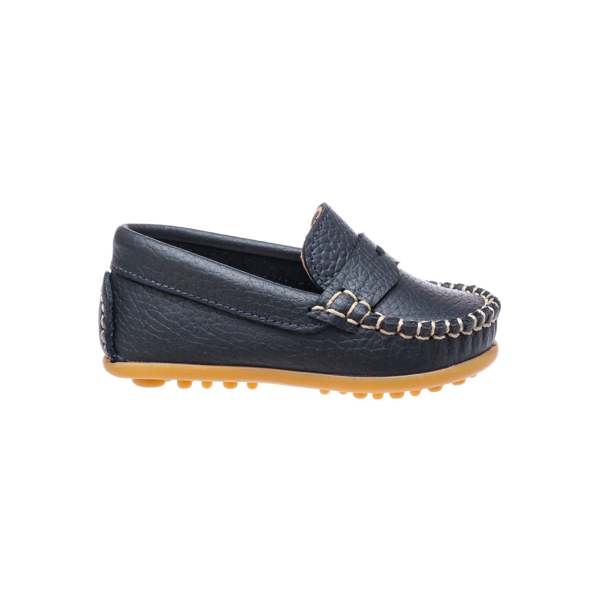 Navy blue toddler loafer with contrast stitching and gum rubber sole.