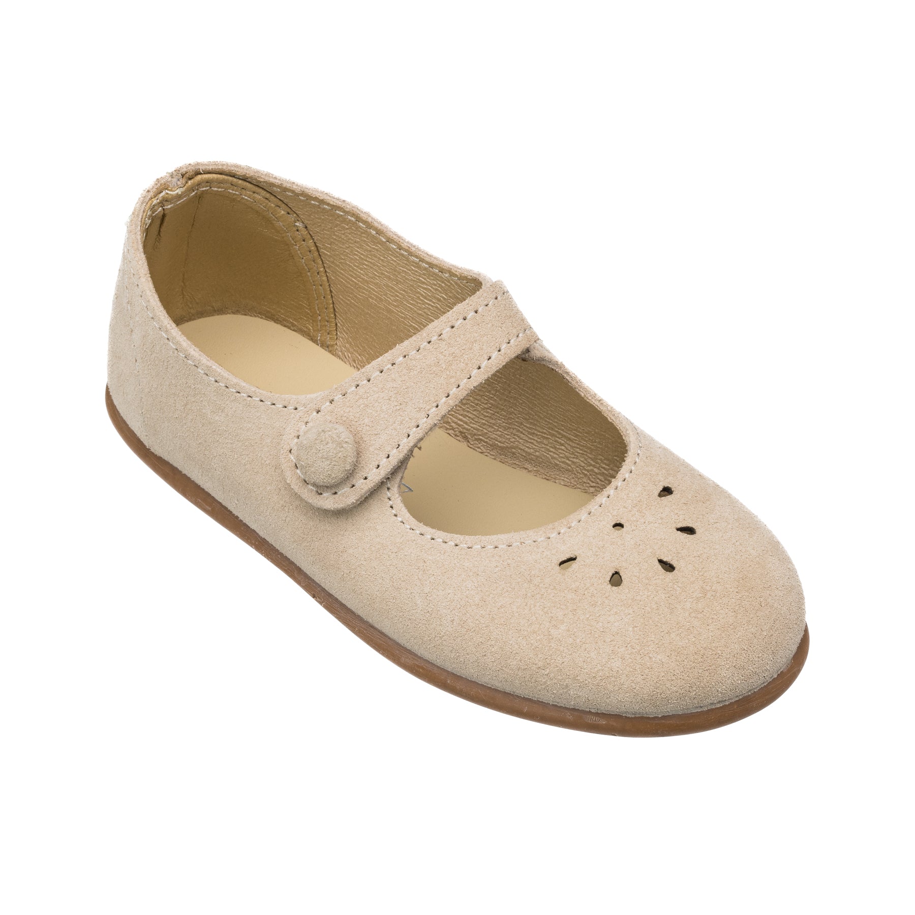 Beige suede toddler Mary Jane shoe with perforated toe details and button strap closure.