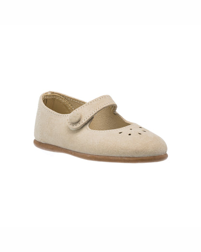 Beige suede toddler Mary Jane shoe with strap and perforated toe detailing.
