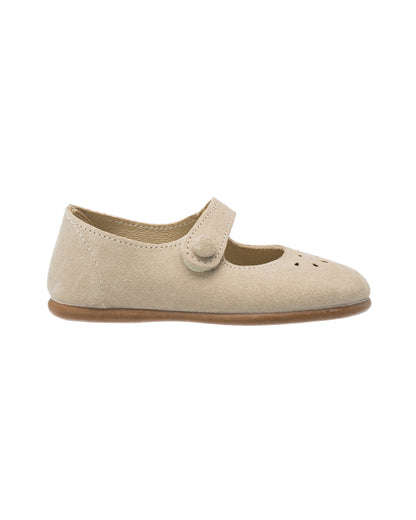 Beige suede toddler Mary Jane with button strap and perforated toe detail.
