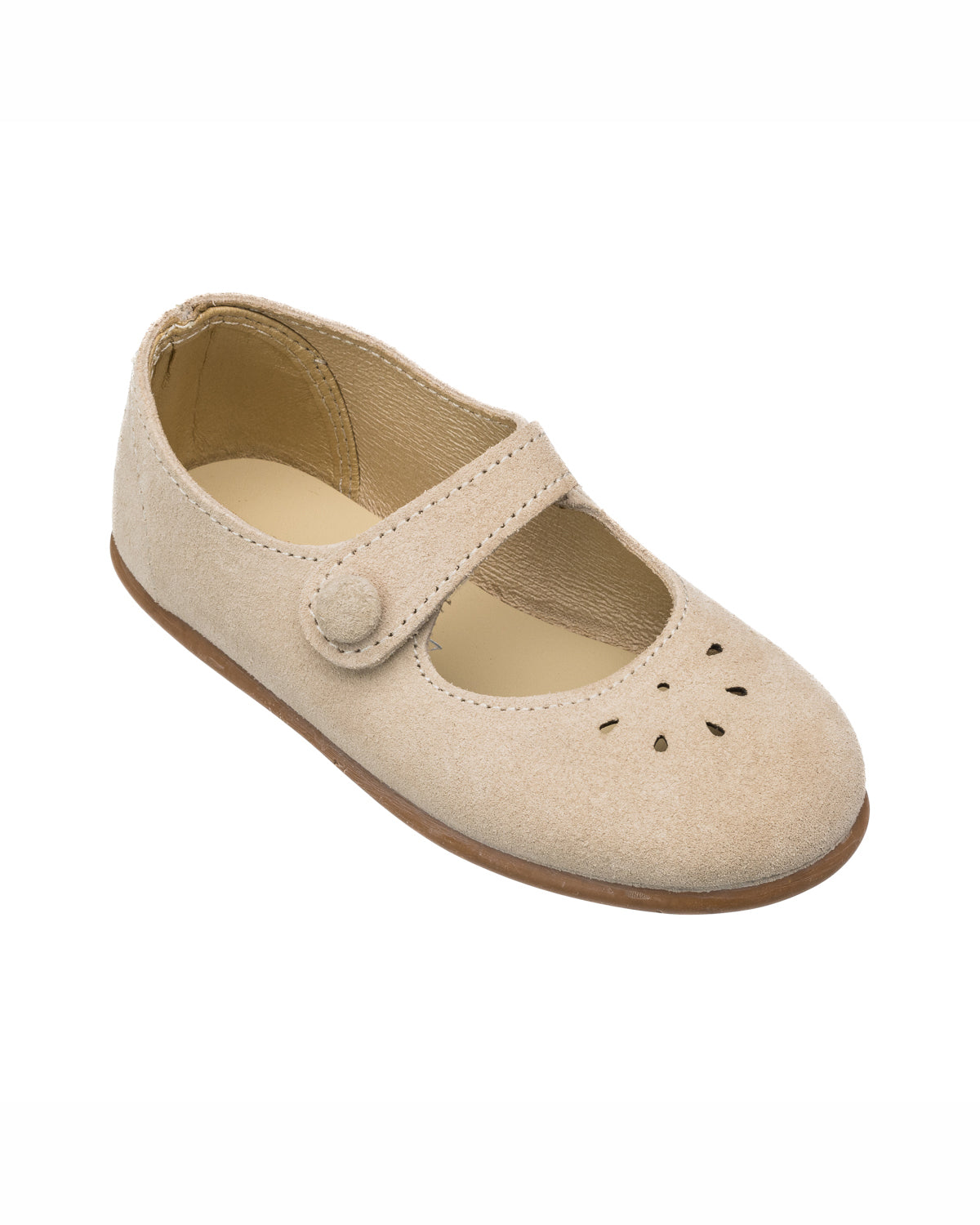 Beige suede Mary Jane toddler shoe with stitched strap and decorative perforations on toe.