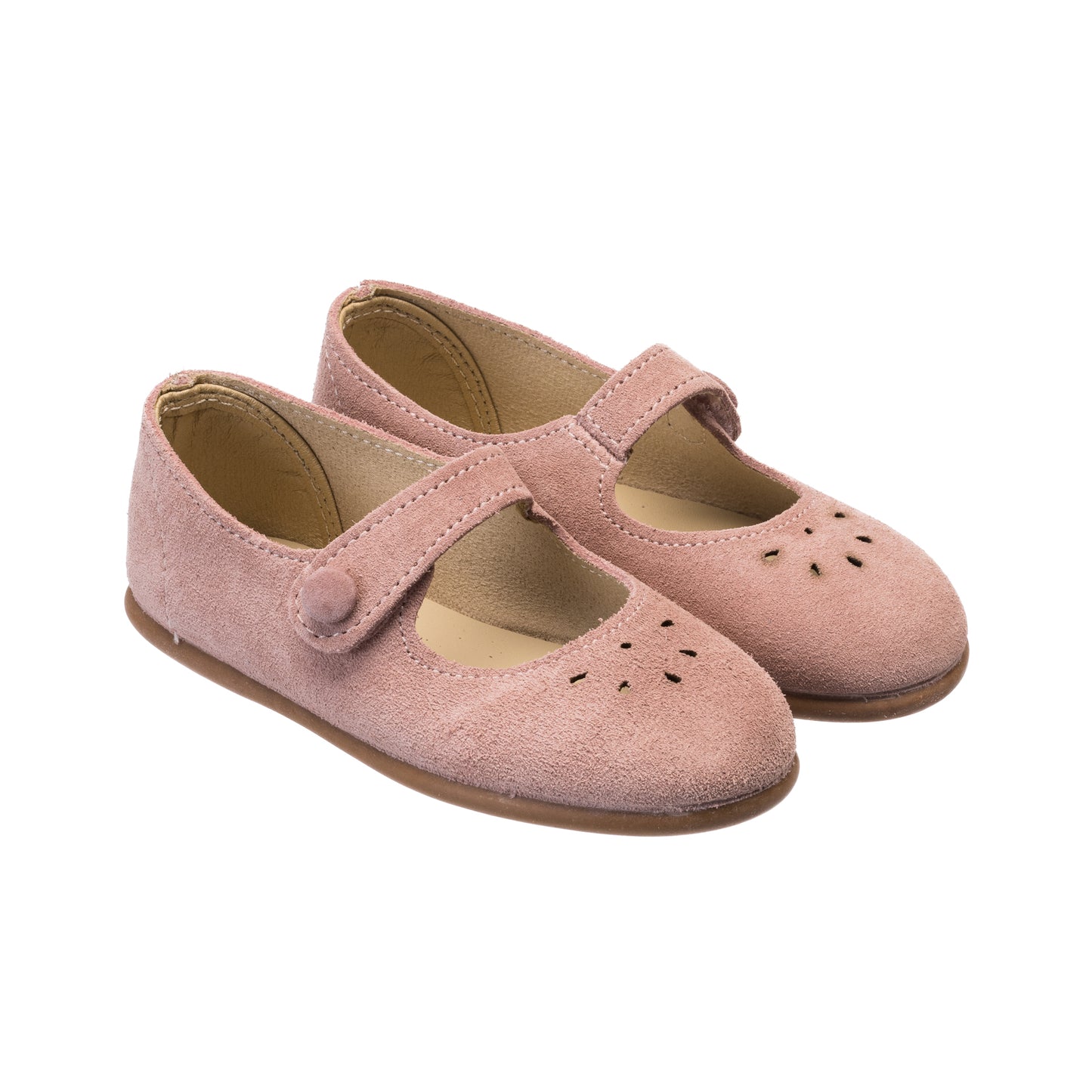 Pink suede Mary Jane shoes for toddlers with perforated heart details and a Velcro strap closure.