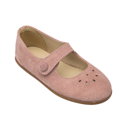 Pink suede Mary Jane toddler shoe with button strap and perforated floral detail on toe.