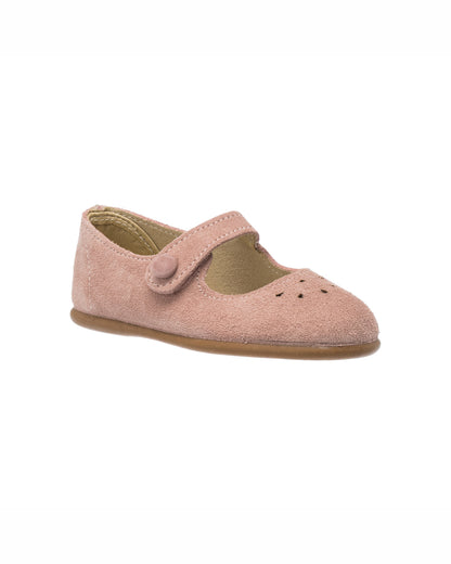 Pink suede toddler Mary Jane shoe with strap and perforated heart detail on toe.