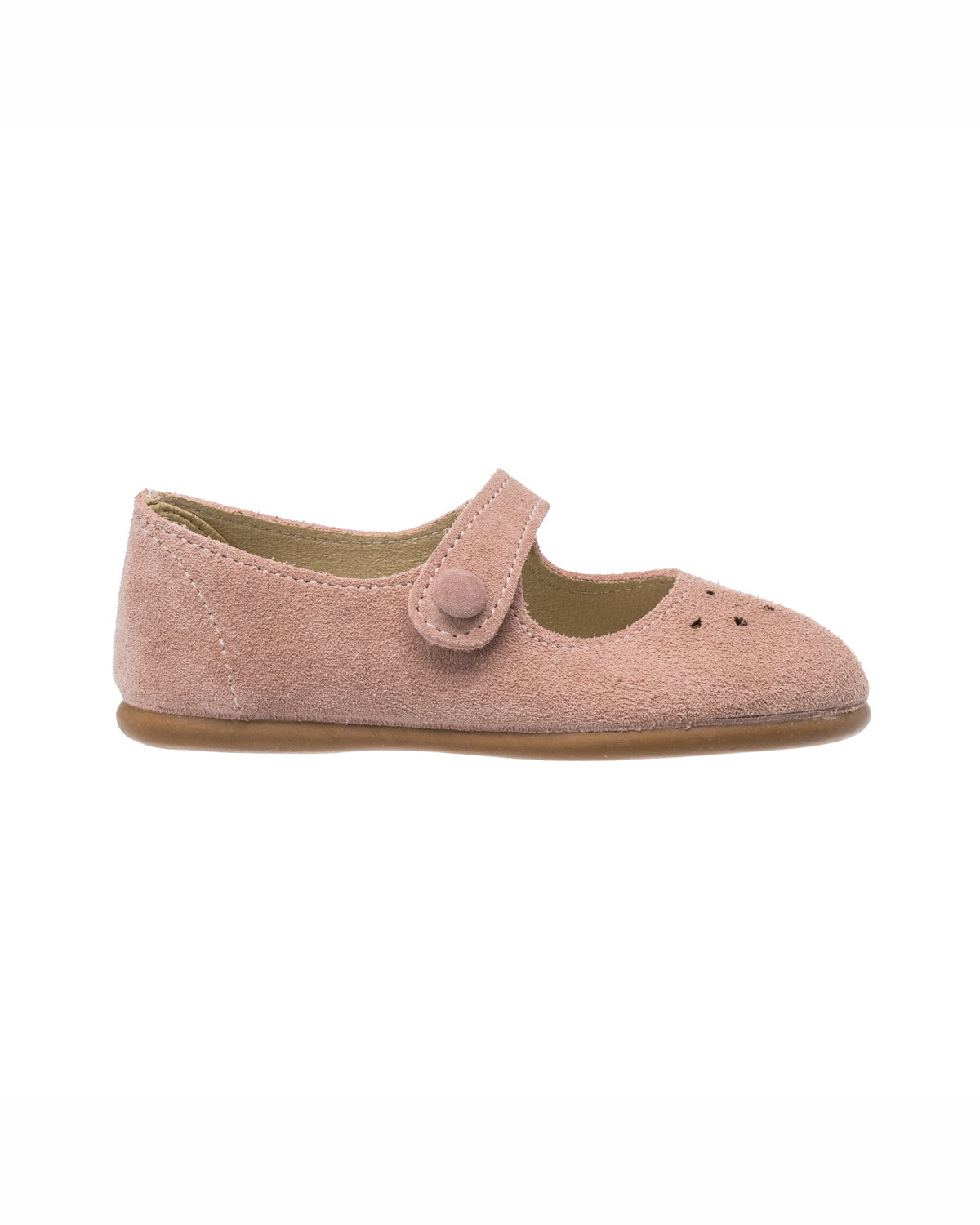 Pink suede toddler Mary Jane shoe with adjustable strap and decorative perforations on toe.