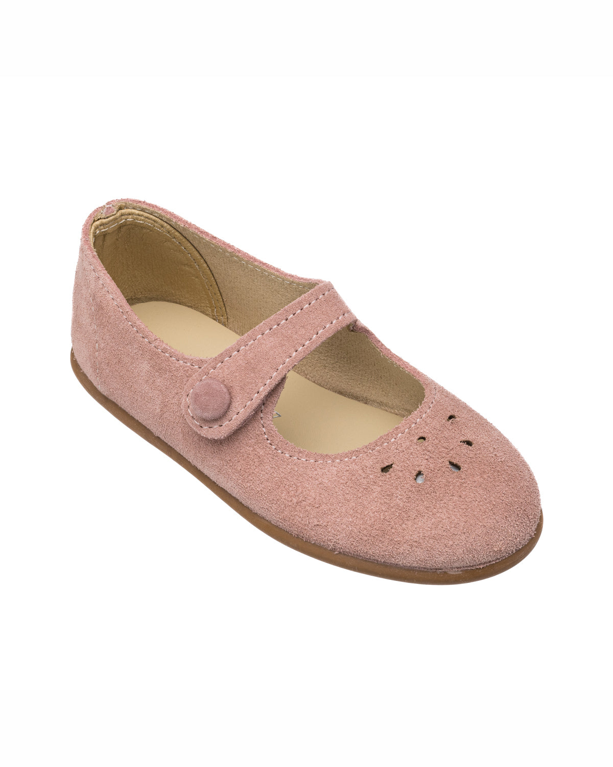 Rose pink suede Mary Jane shoe with button strap and perforated floral design on toe.