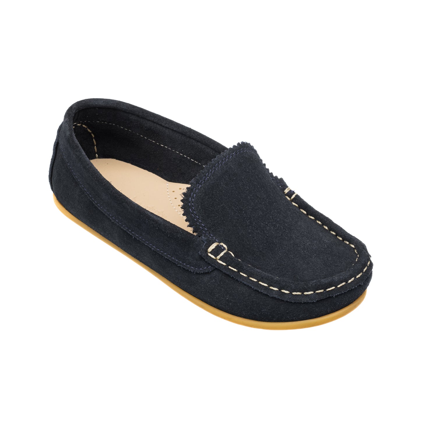 Navy blue suede toddler moccasin with tan rubber sole and contrast stitching.
