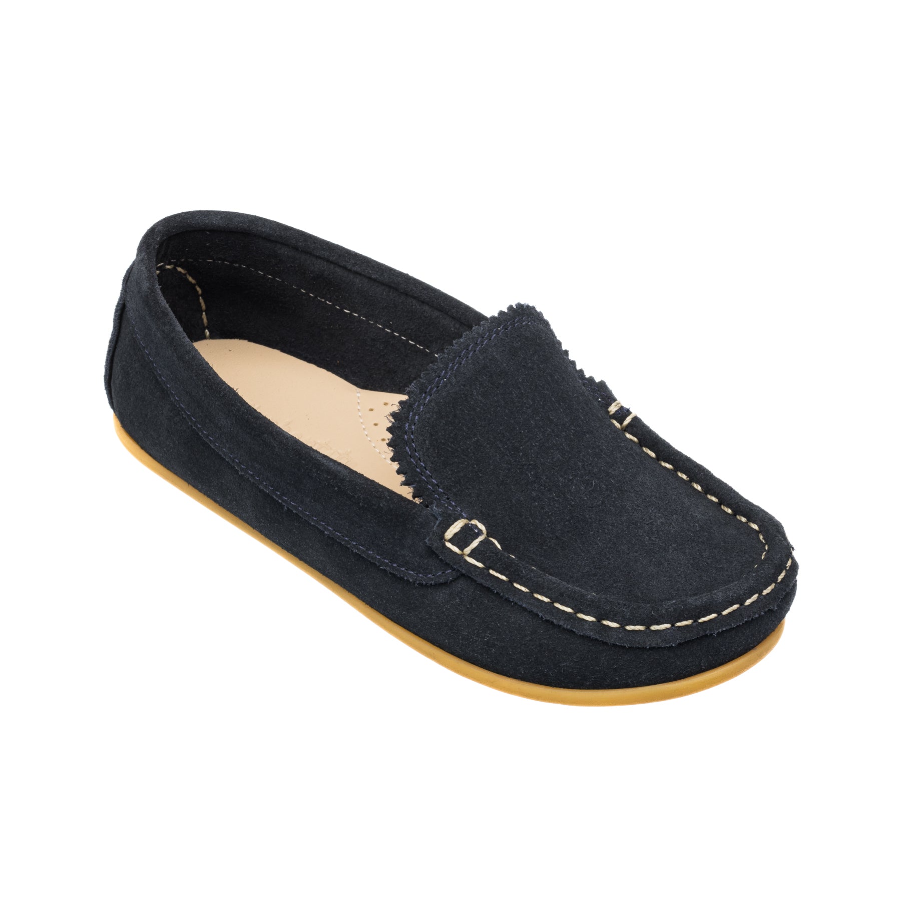 Navy blue suede toddler moccasin with tan rubber sole and contrast stitching.