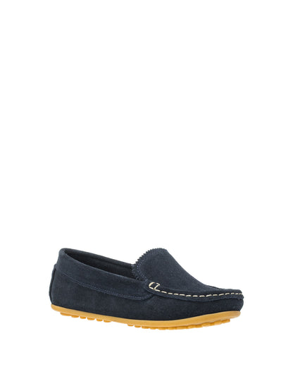 Navy blue suede toddler driver moccasin with yellow rubber sole and white stitching detail.