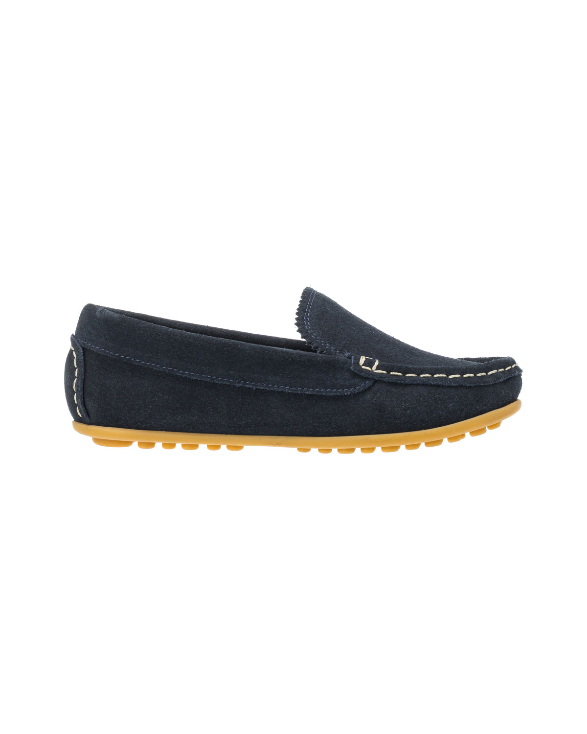 Navy blue suede toddler moccasin with tan rubber sole and stitched detailing.